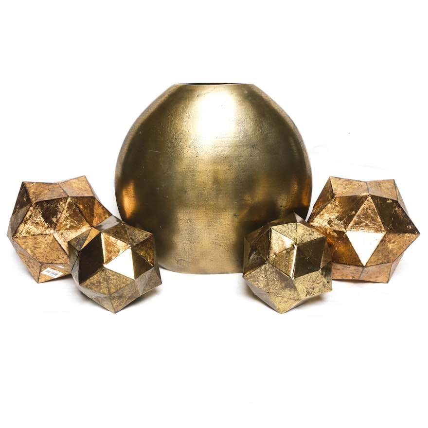 Indian Gold Tone Ovoid Vase and Faceted Orbs with Metallic Finish