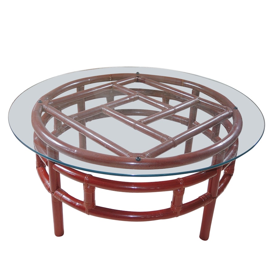 Red Ficks Reed Bamboo and Glass Round Coffee Table