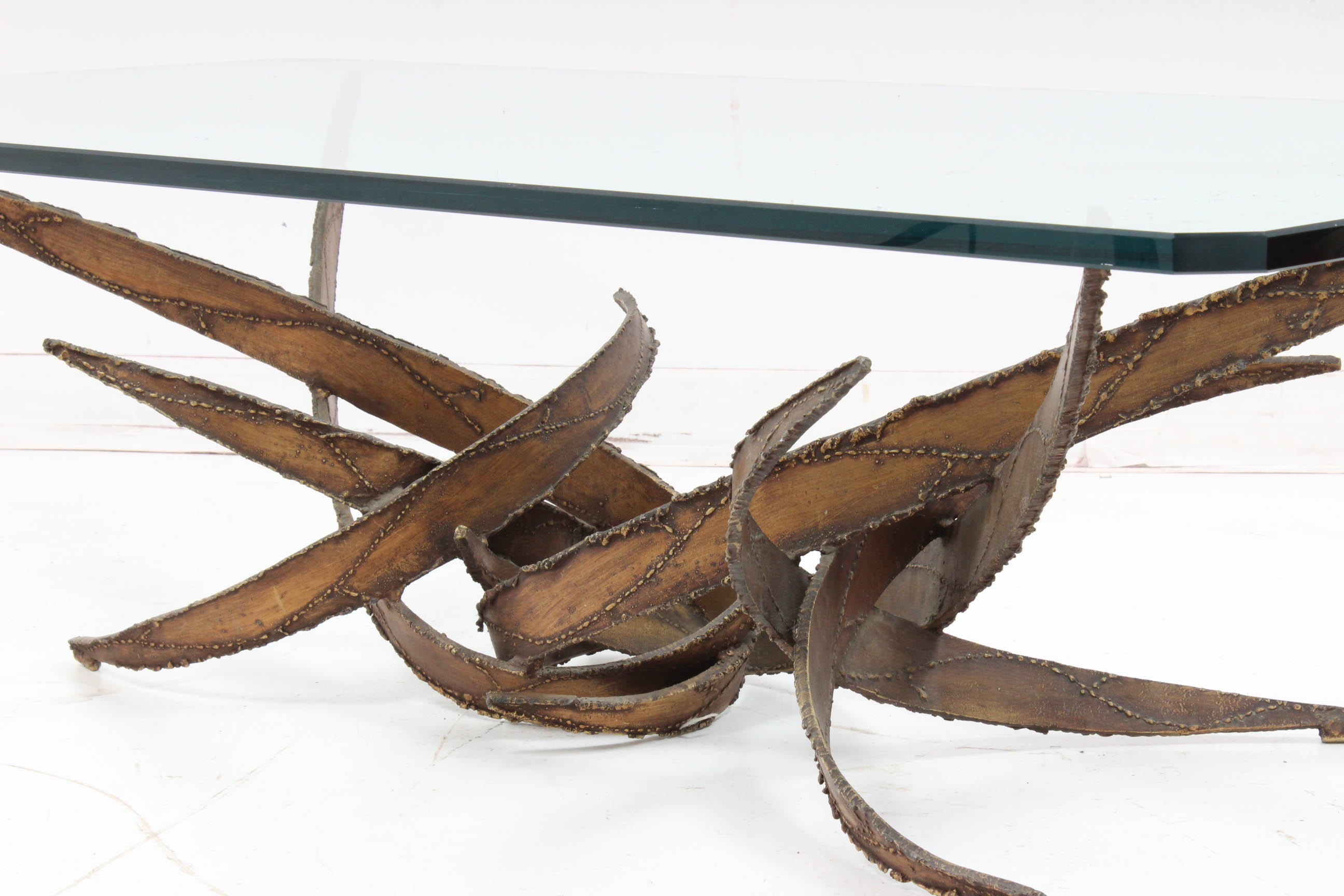 Silas Seandel Brutalist Glass and Torch Cut Steel Coffee Table