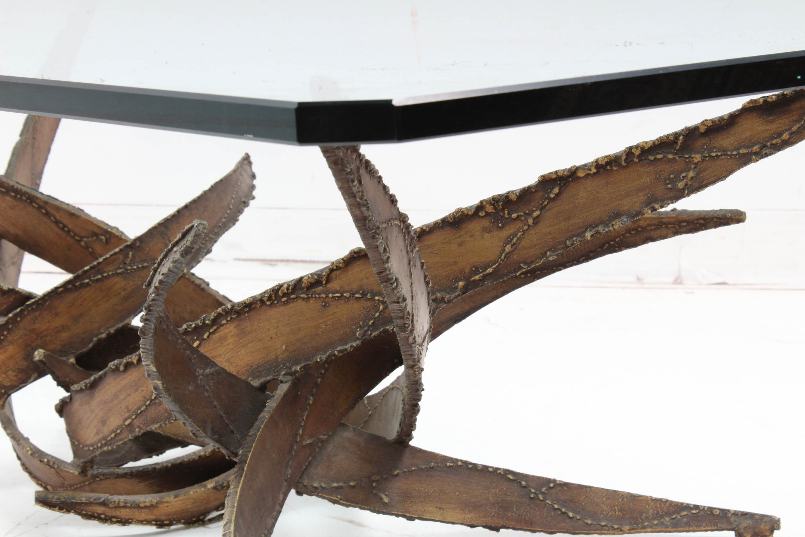 Silas Seandel Brutalist Glass and Torch Cut Steel Coffee Table