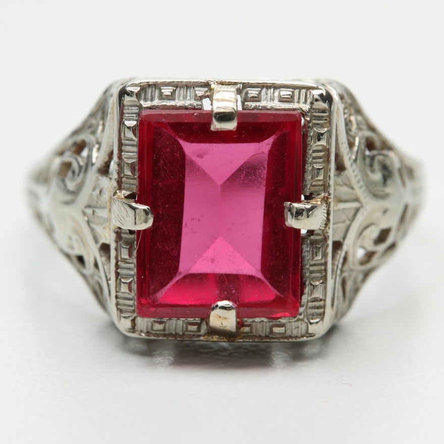 Early Art Deco 14K White Gold Synthetic Ruby Solitaire Ring