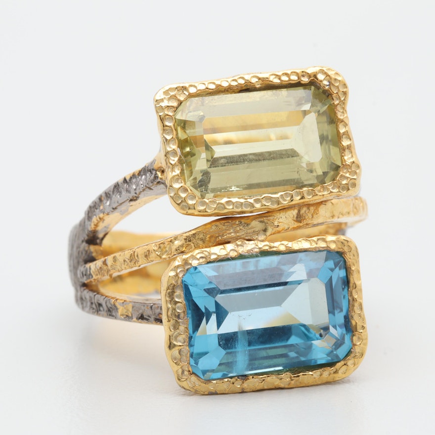 Yellow Gold Wash on Sterling Silver Blue Topaz and Quartz Ring