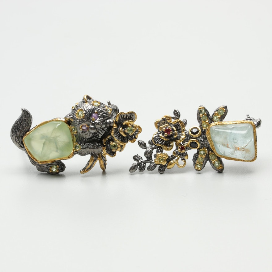 Sterling Silver Brooches Featuring Freeform Prehnite and Aquamarine