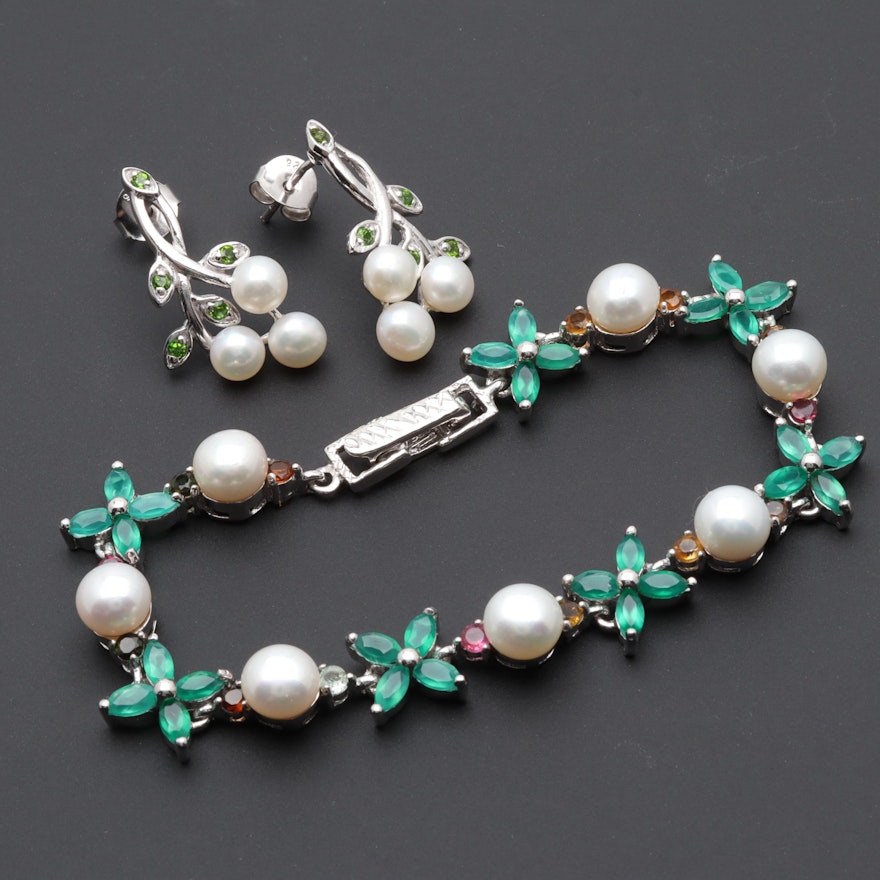 Sterling Silver Cultured Pearl and Gemstone Demi Parure