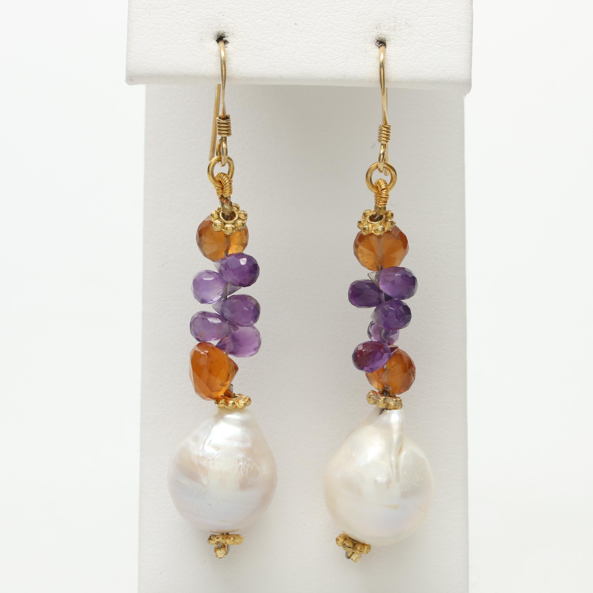 Gold Wash on Sterling Silver Cultured Pearl, Amethyst, and Citrine Earrings