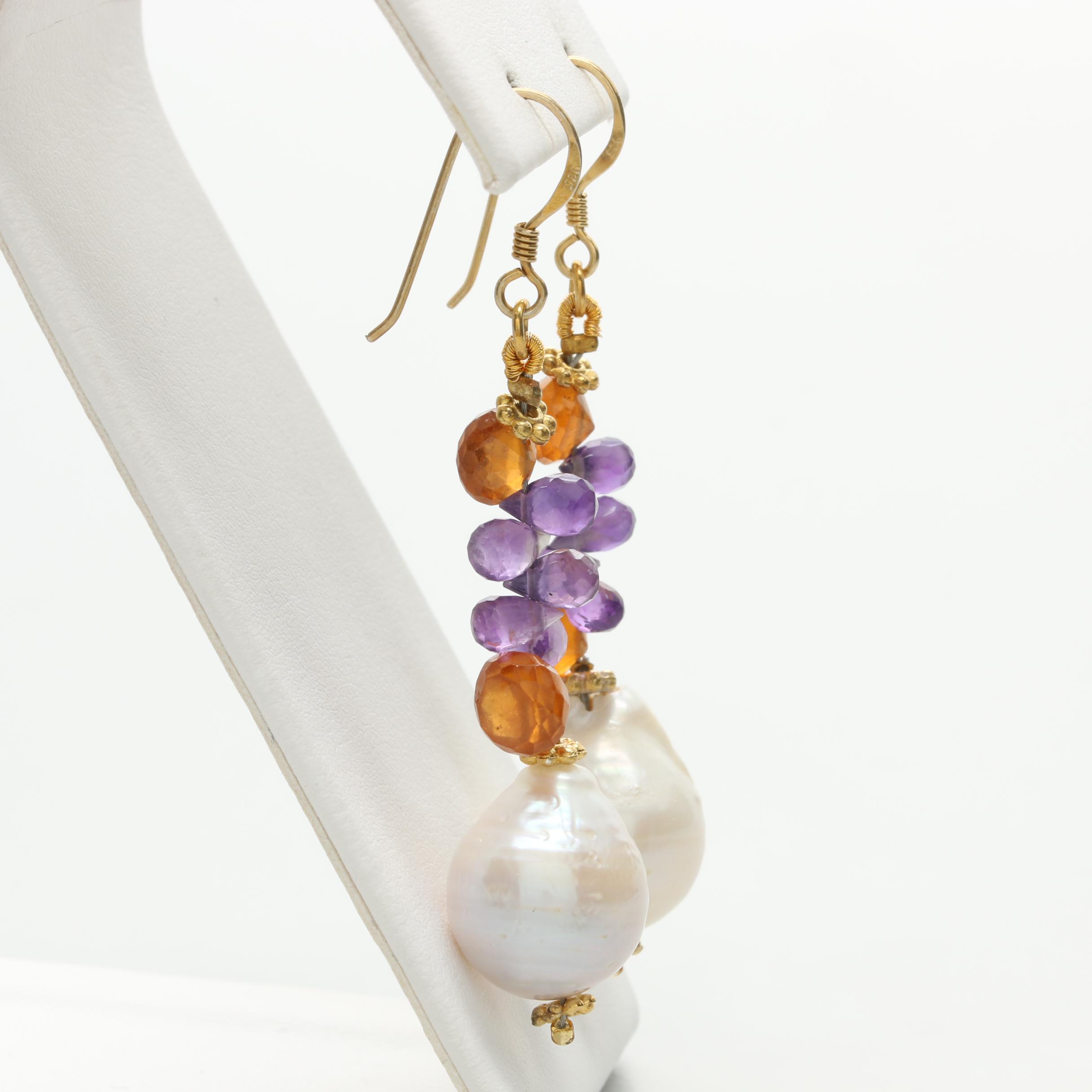 Gold Wash on Sterling Silver Cultured Pearl, Amethyst, and Citrine Earrings