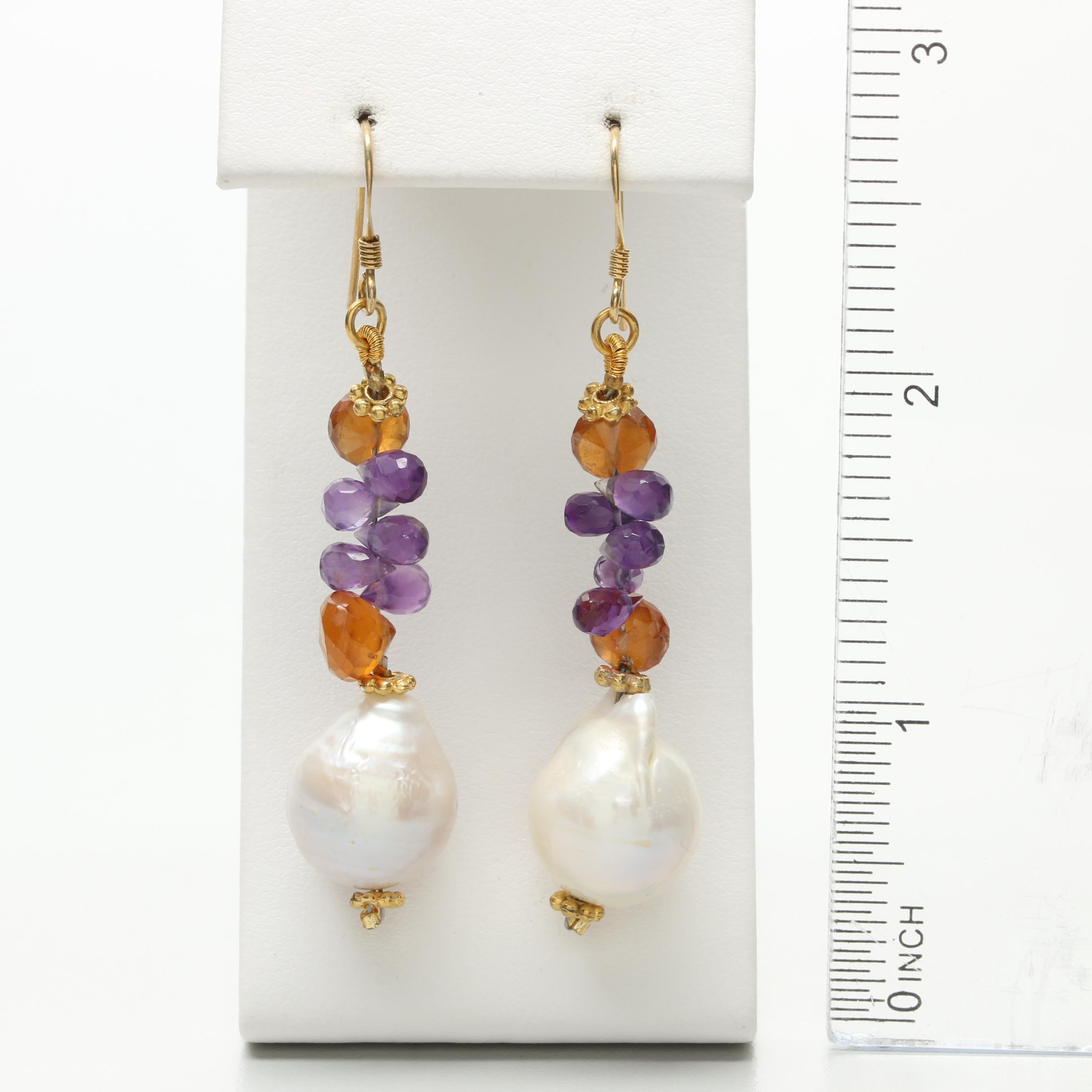 Gold Wash on Sterling Silver Cultured Pearl, Amethyst, and Citrine Earrings