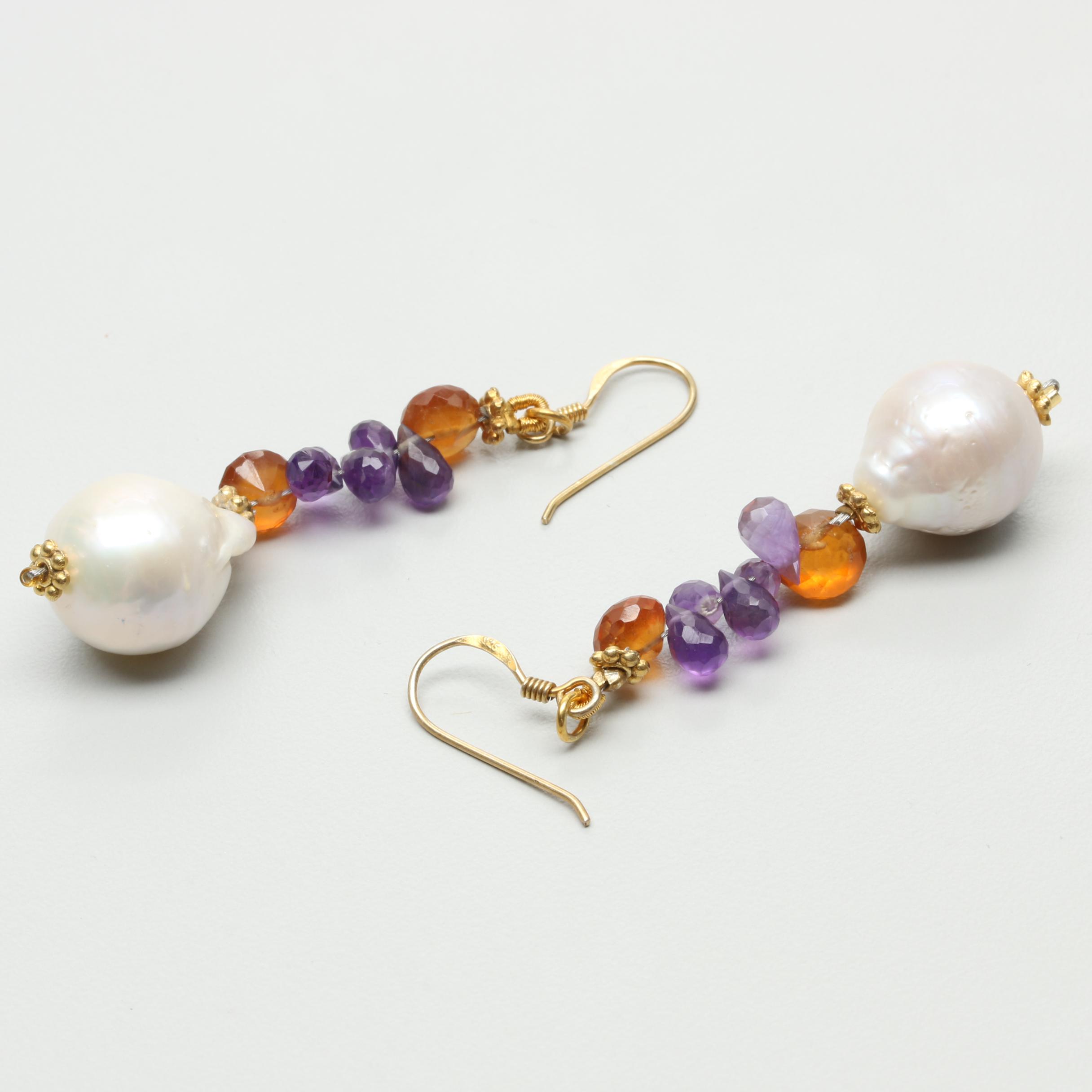 Gold Wash on Sterling Silver Cultured Pearl, Amethyst, and Citrine Earrings