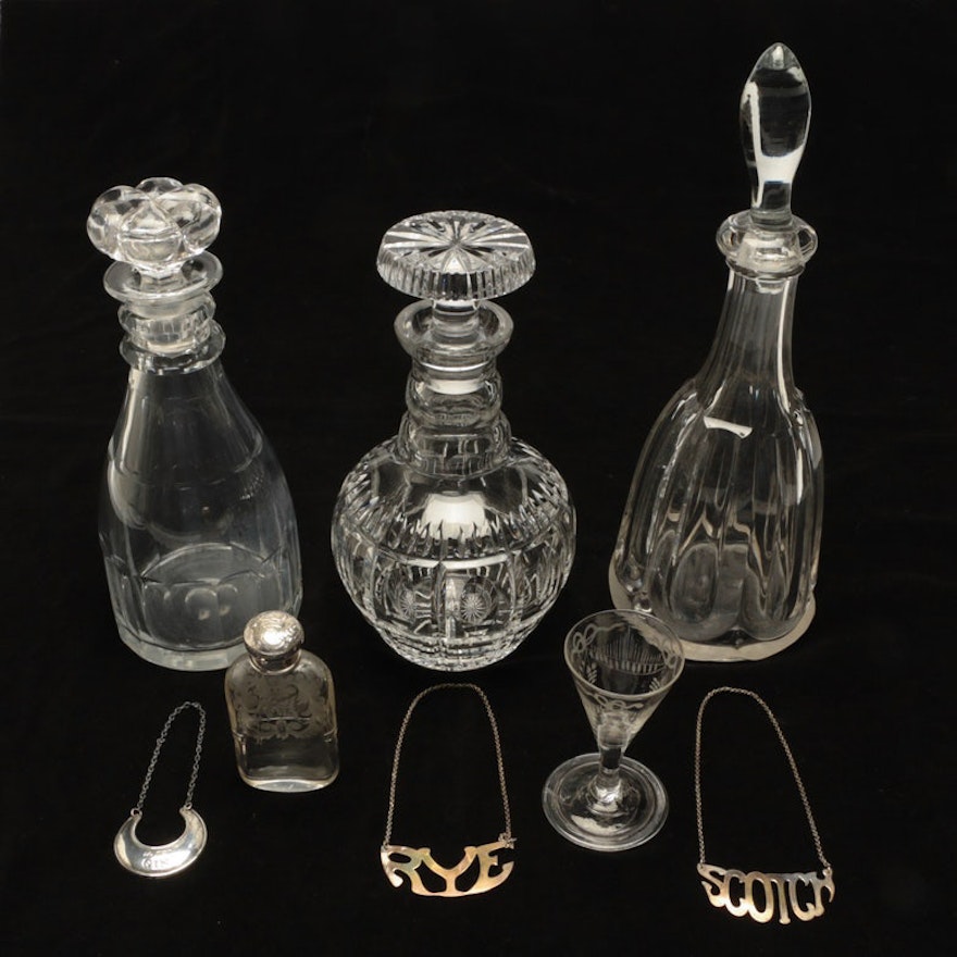 Assortment of Glass Barware including Sterling Silver Decanter Tag