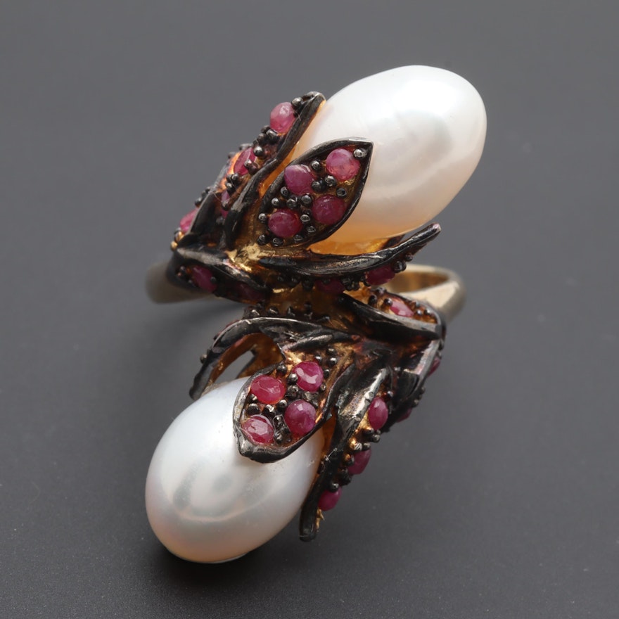 Sterling Silver Cultured Pearl and Ruby Ring