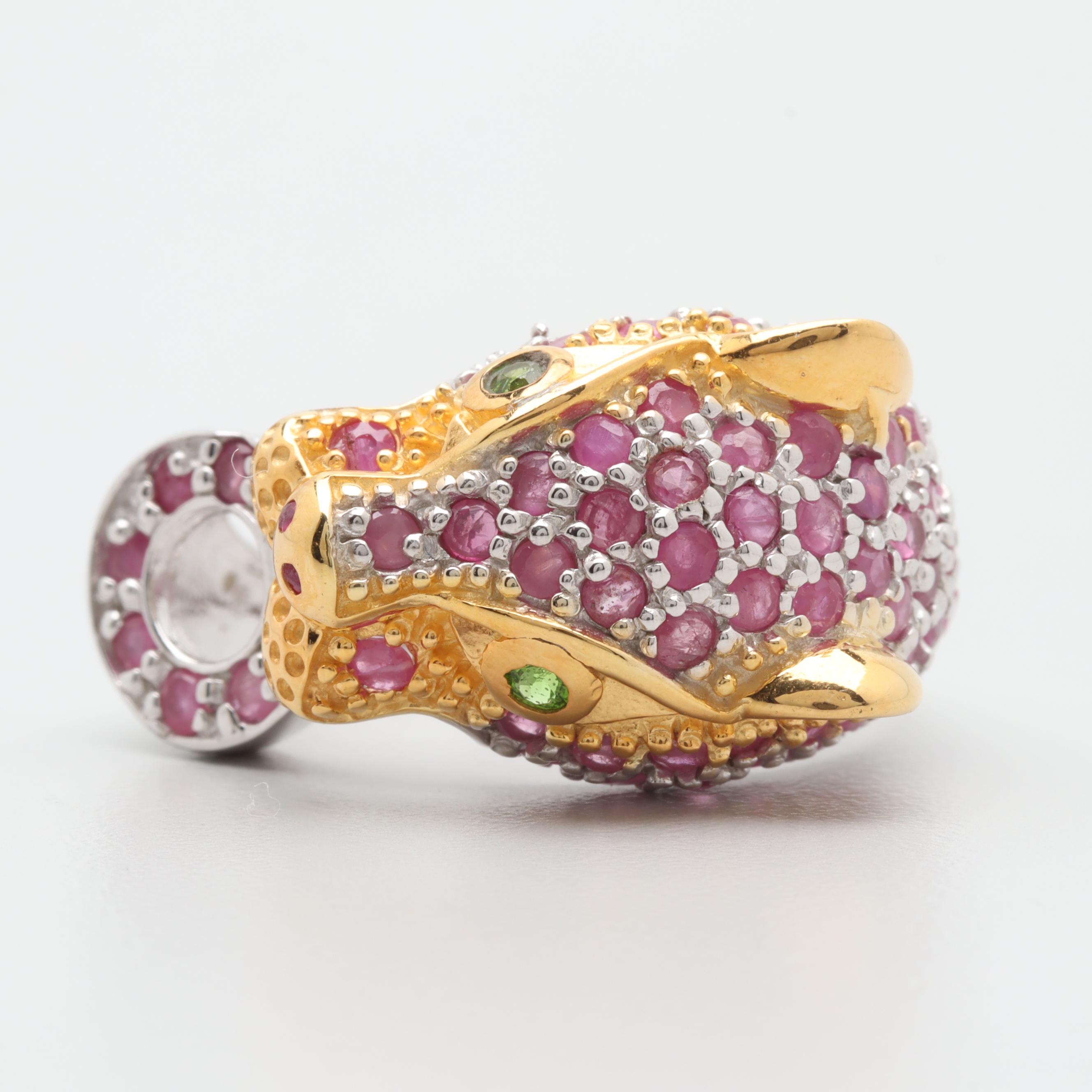 Sterling Silver Chrome Diopside and Ruby Jaguar's Head Ring