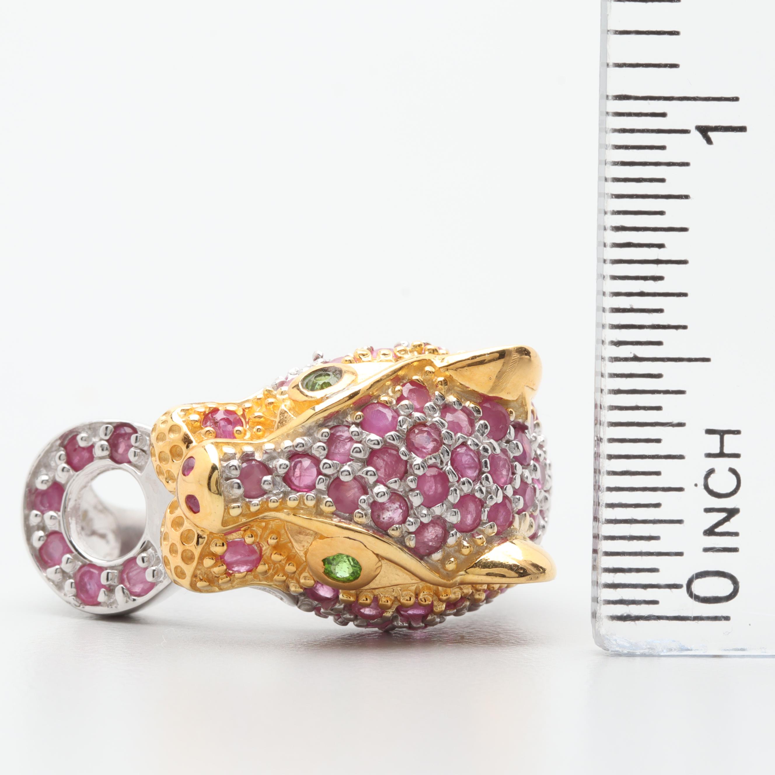 Sterling Silver Chrome Diopside and Ruby Jaguar's Head Ring