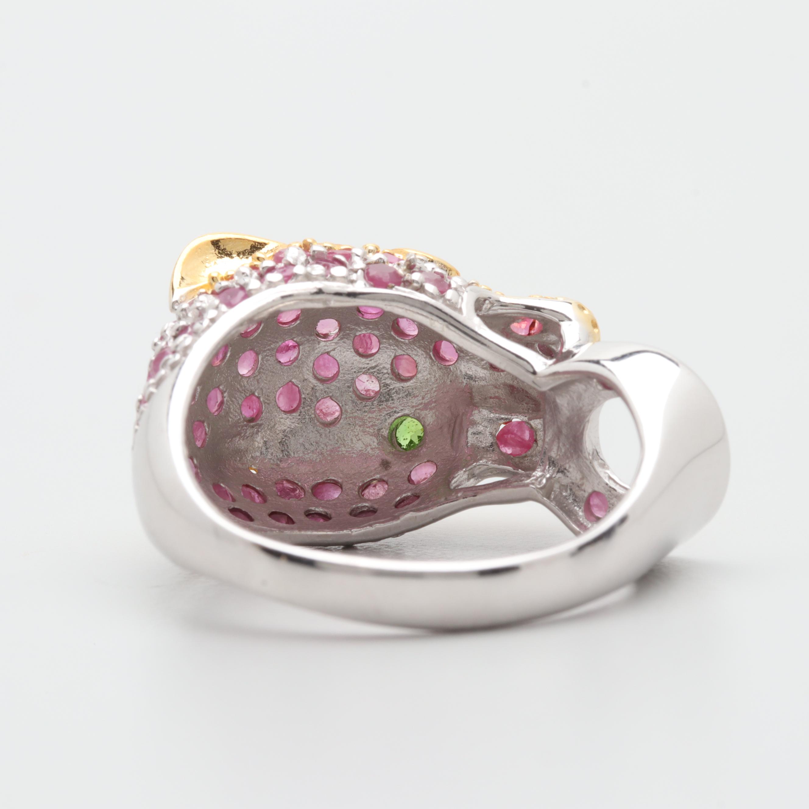 Sterling Silver Chrome Diopside and Ruby Jaguar's Head Ring