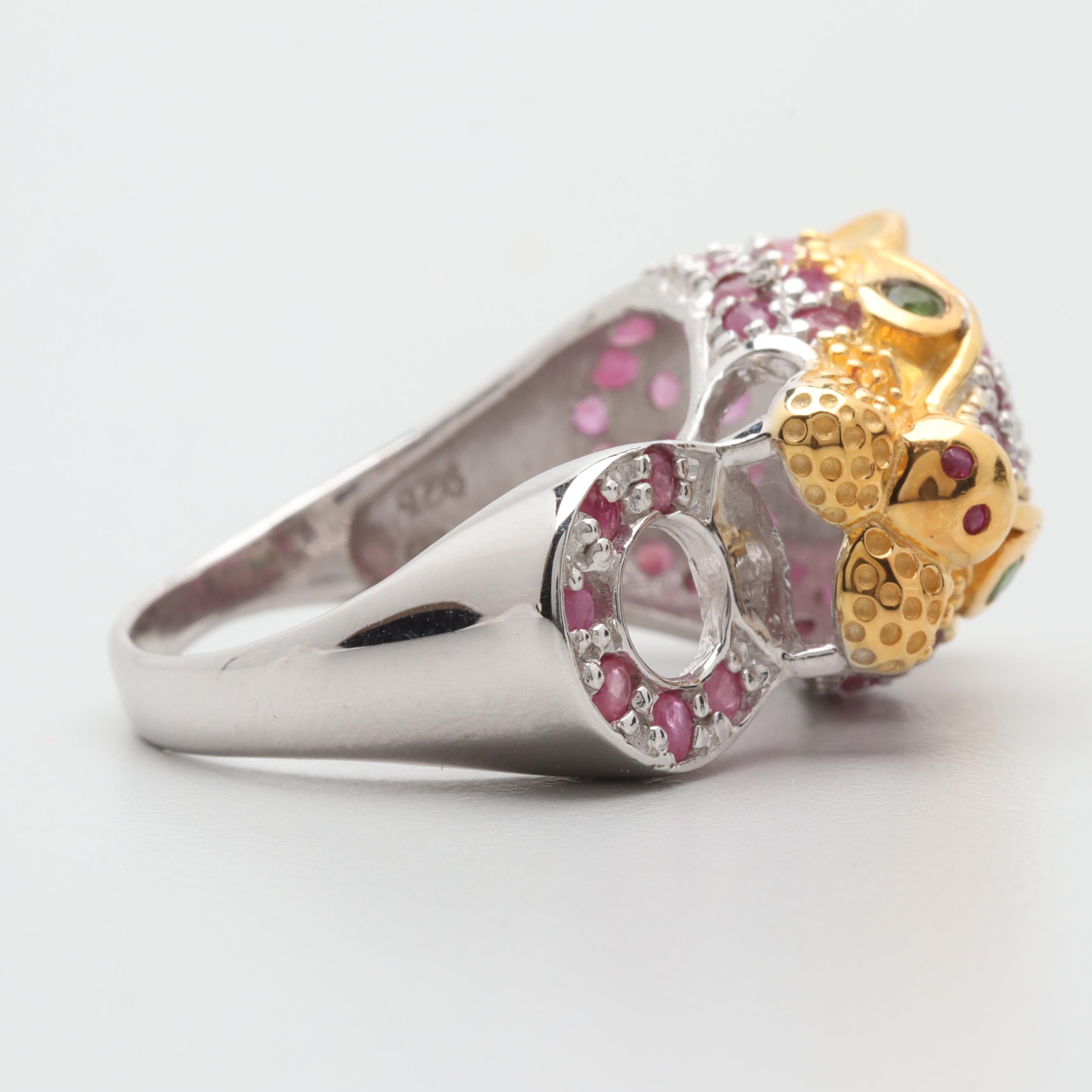 Sterling Silver Chrome Diopside and Ruby Jaguar's Head Ring