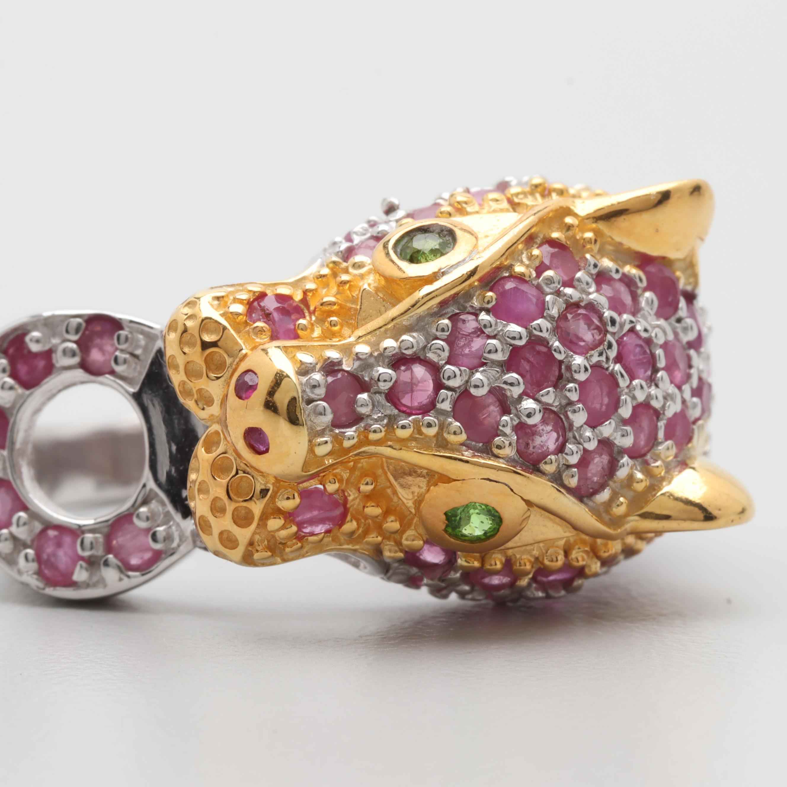 Sterling Silver Chrome Diopside and Ruby Jaguar's Head Ring