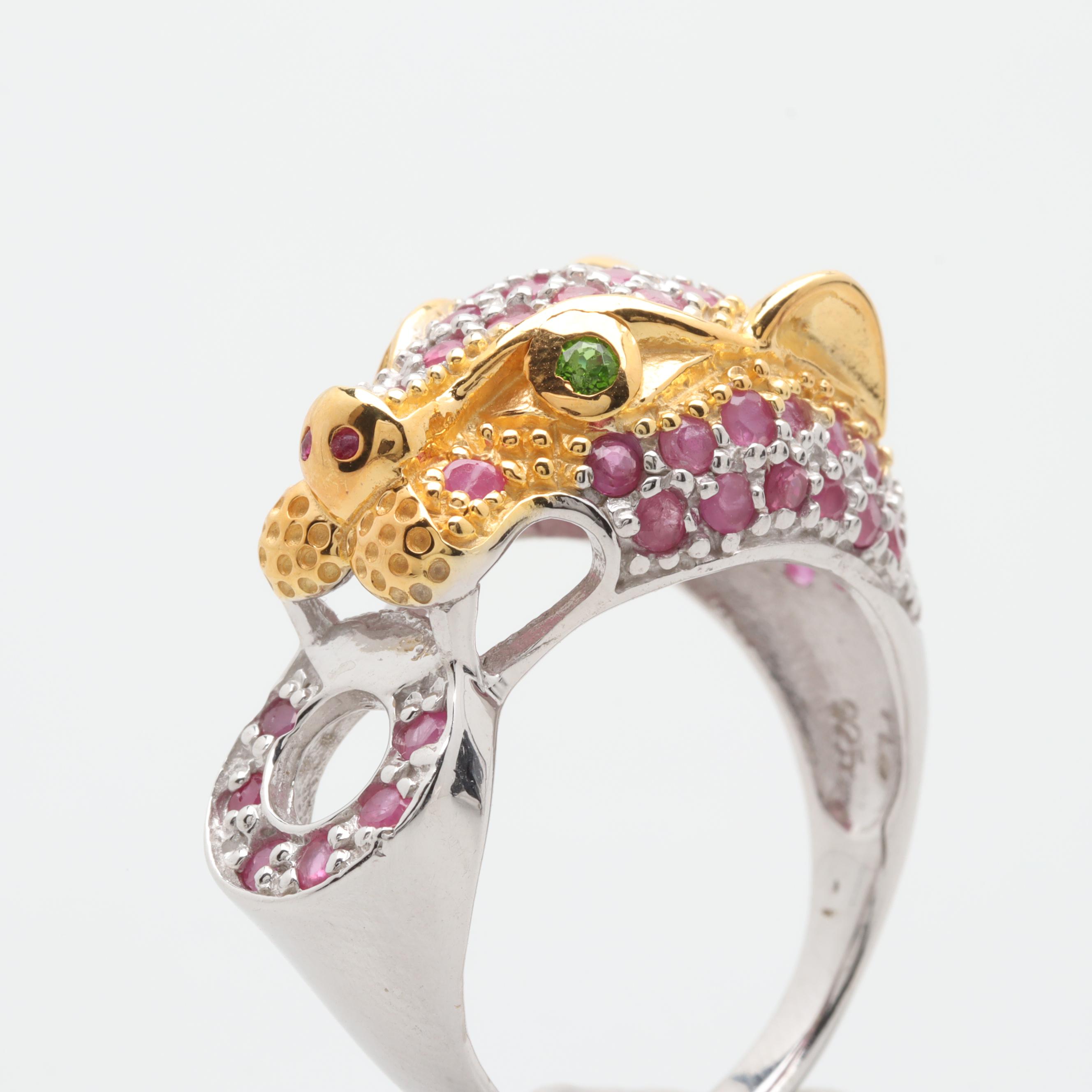 Sterling Silver Chrome Diopside and Ruby Jaguar's Head Ring