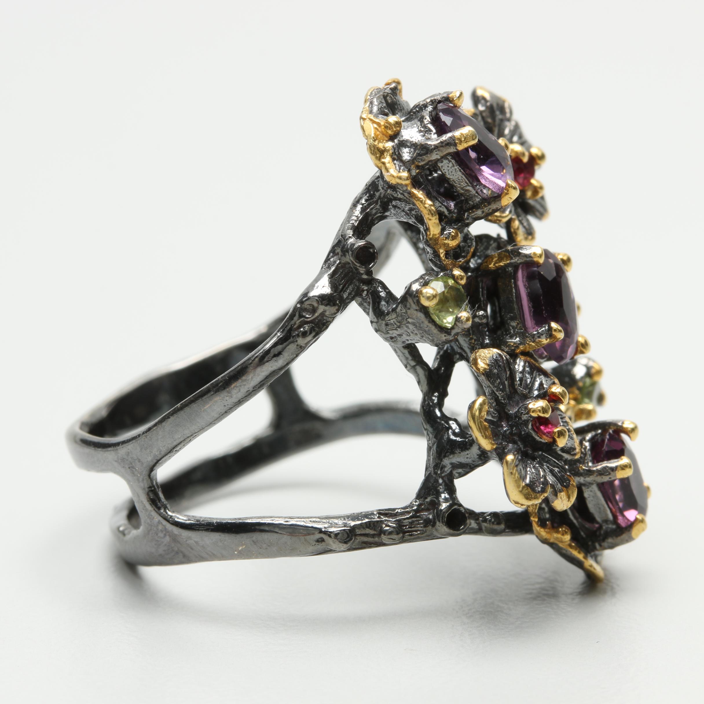 Sterling Silver Amethyst, Peridot and Garnet Ring