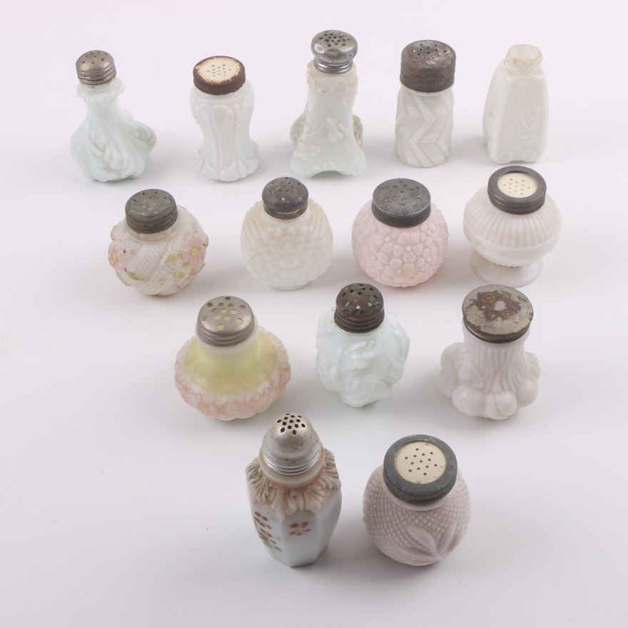 Fourteen Antique Milk Glass Shakers