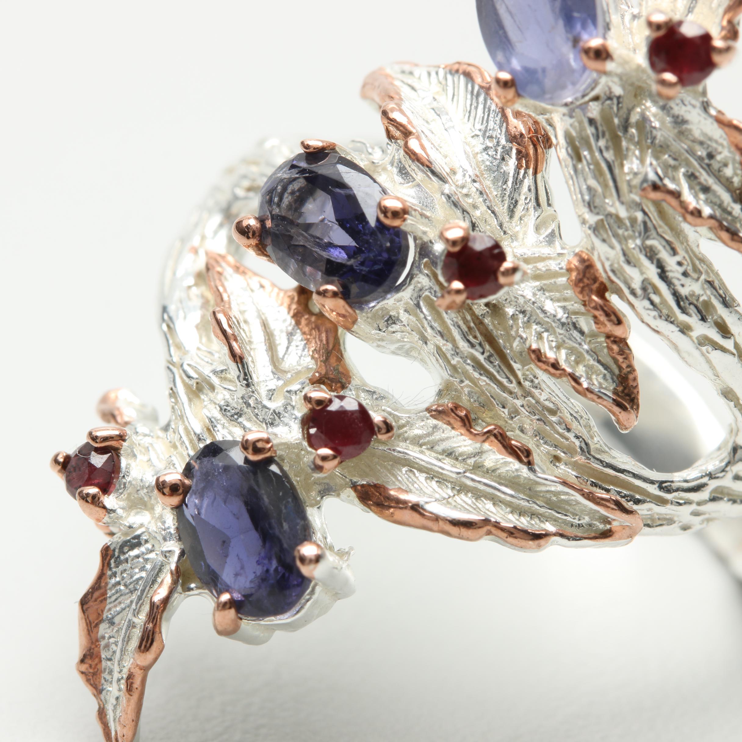 Sterling Silver Iolite and Garnet Organic Ring