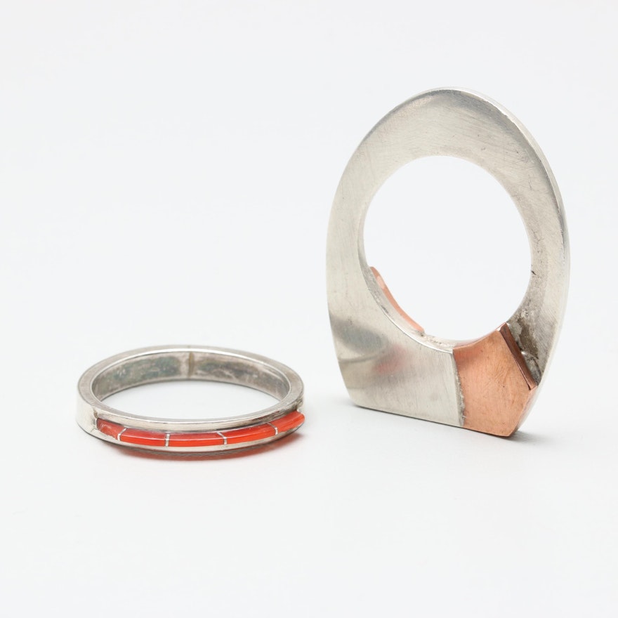 Sterling Silver Rings Including Coral and Copper Accents