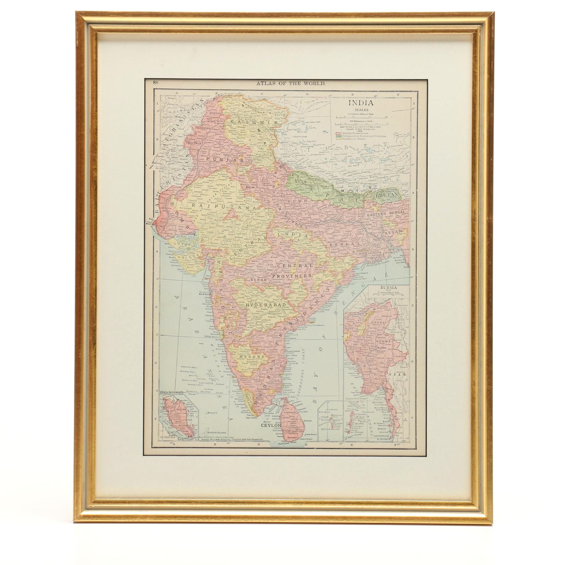Original 1914 Atlas Map from Rand, McNally & Co. "India"