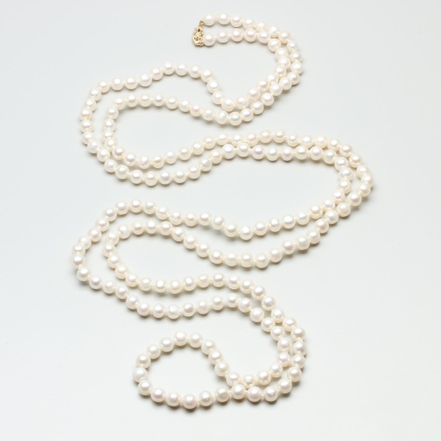14K Yellow Gold Cultured Pearl Rope Necklace