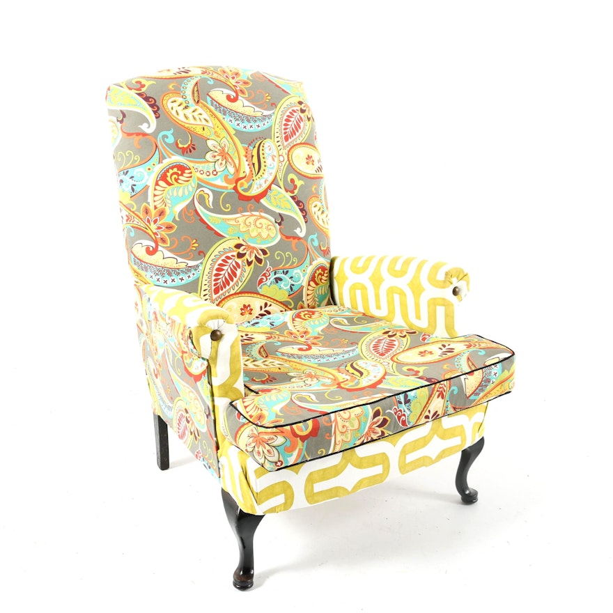 Queen Anne Style Paisley Upholstered Armchair