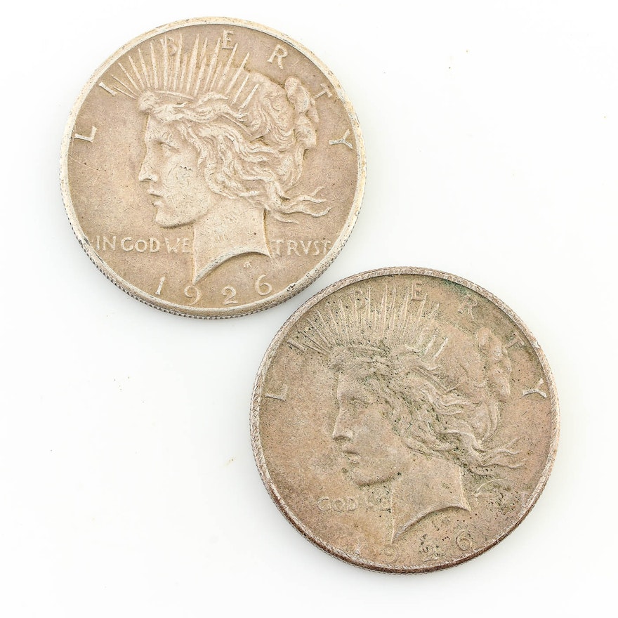 Group of 2 Silver Peace Dollars Including: 1926 and 1926-S