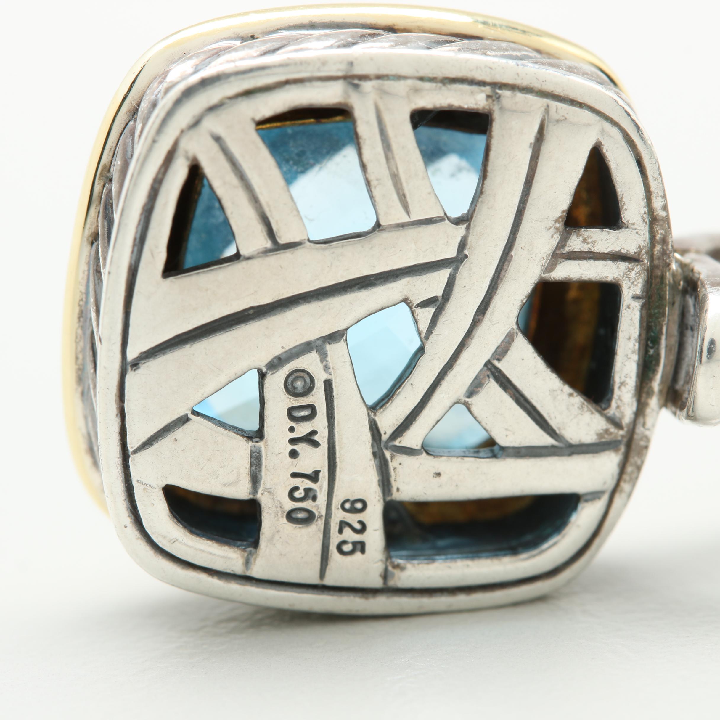 David Yurman "Albion" Sterling Silver Blue Topaz Pendant with 18K Yellow Gold