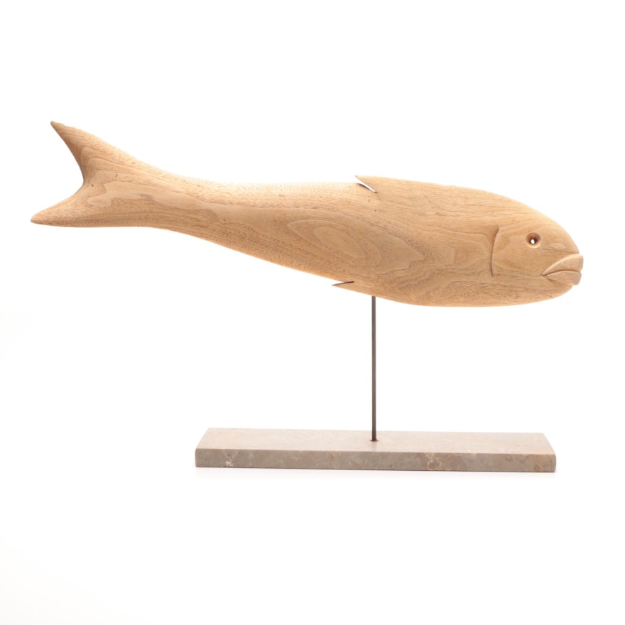 Signed Carved Hardwood Fish Sculpture on Marble Base