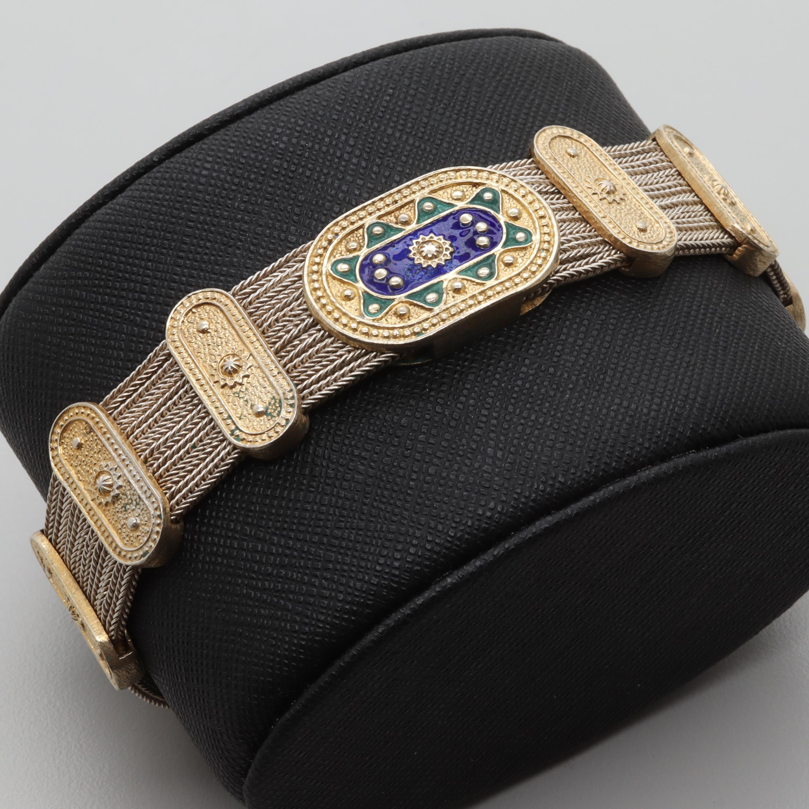 Vintage Istanbul Sterling Silver Enamel and Foxtail Chain Bracelet