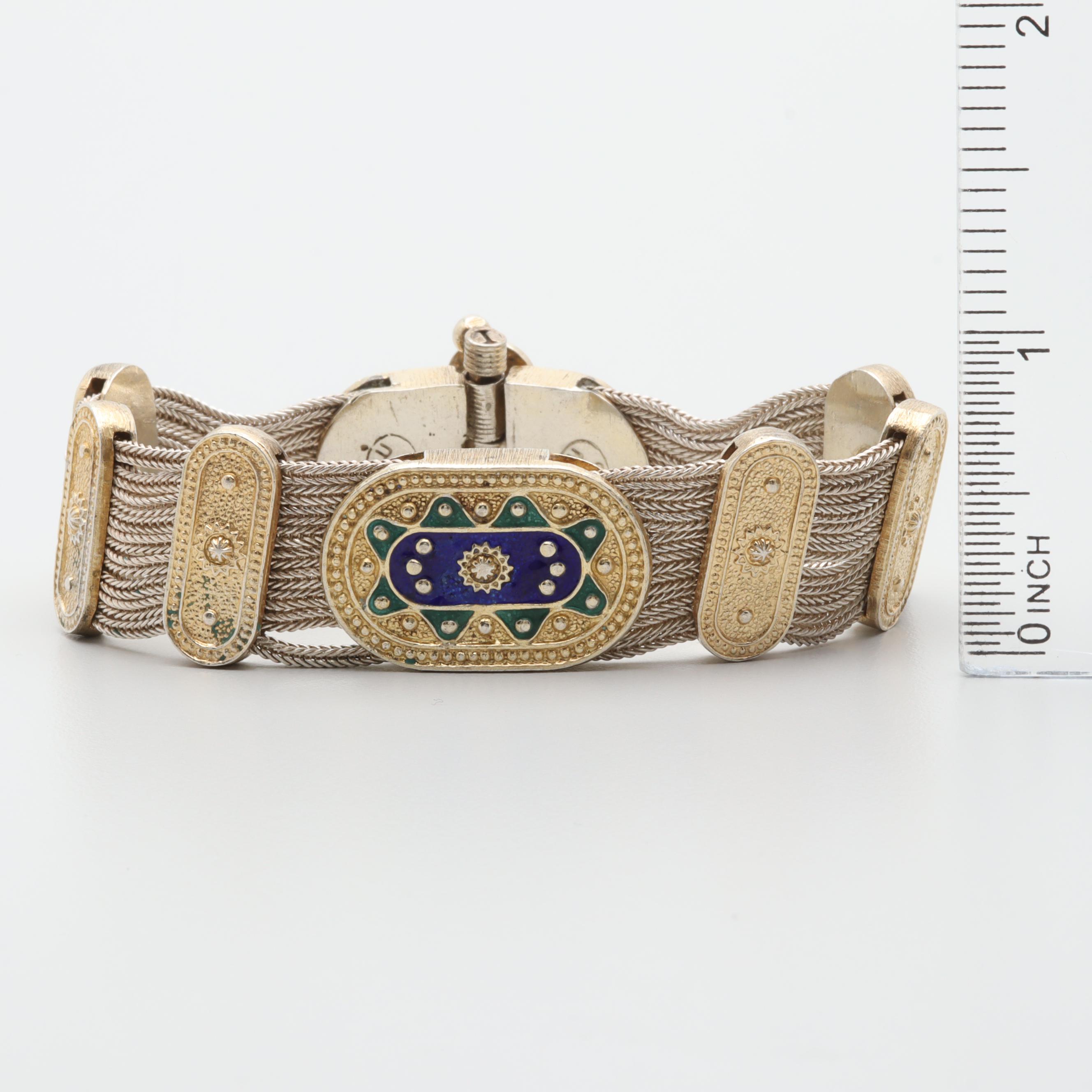 Vintage Istanbul Sterling Silver Enamel and Foxtail Chain Bracelet