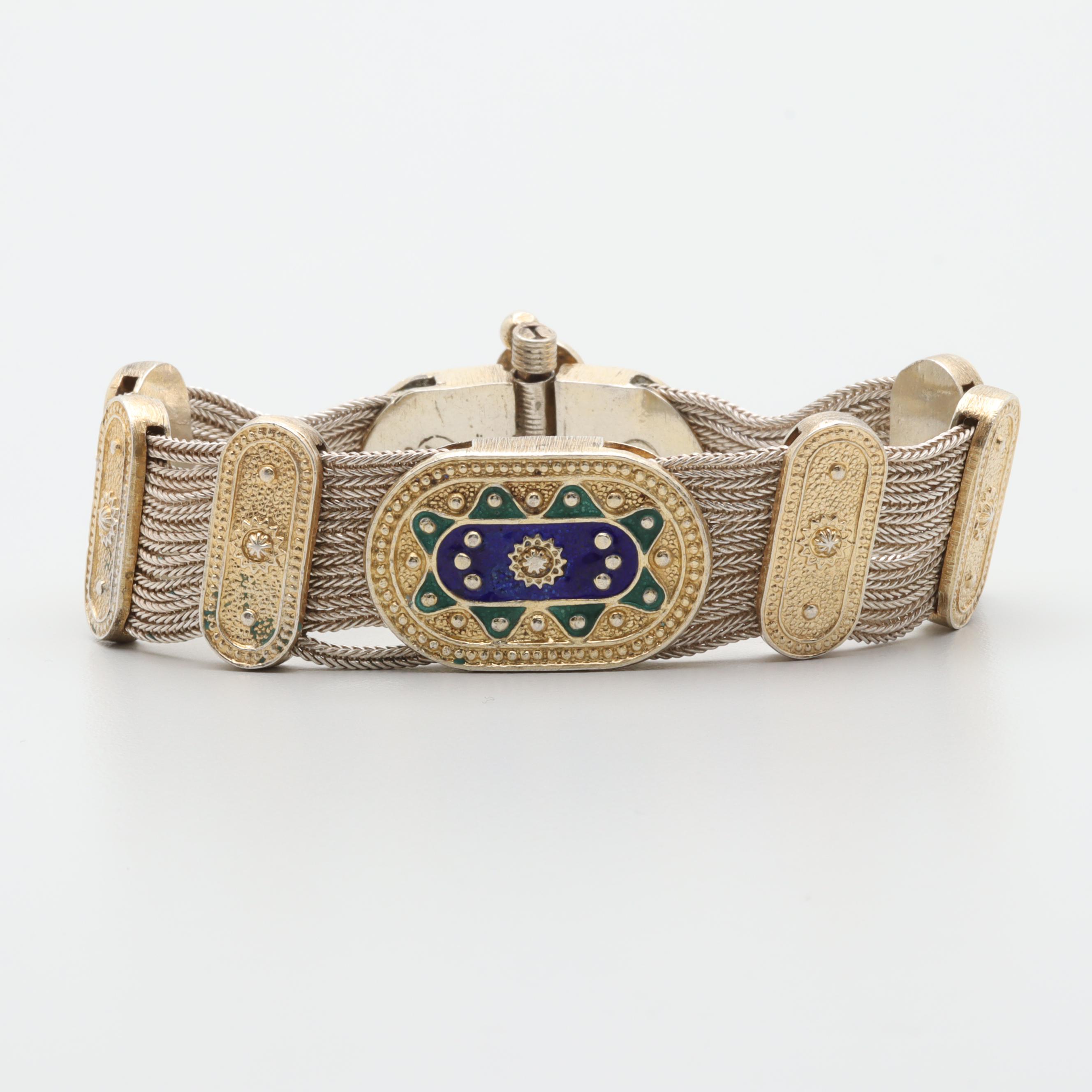 Vintage Istanbul Sterling Silver Enamel and Foxtail Chain Bracelet