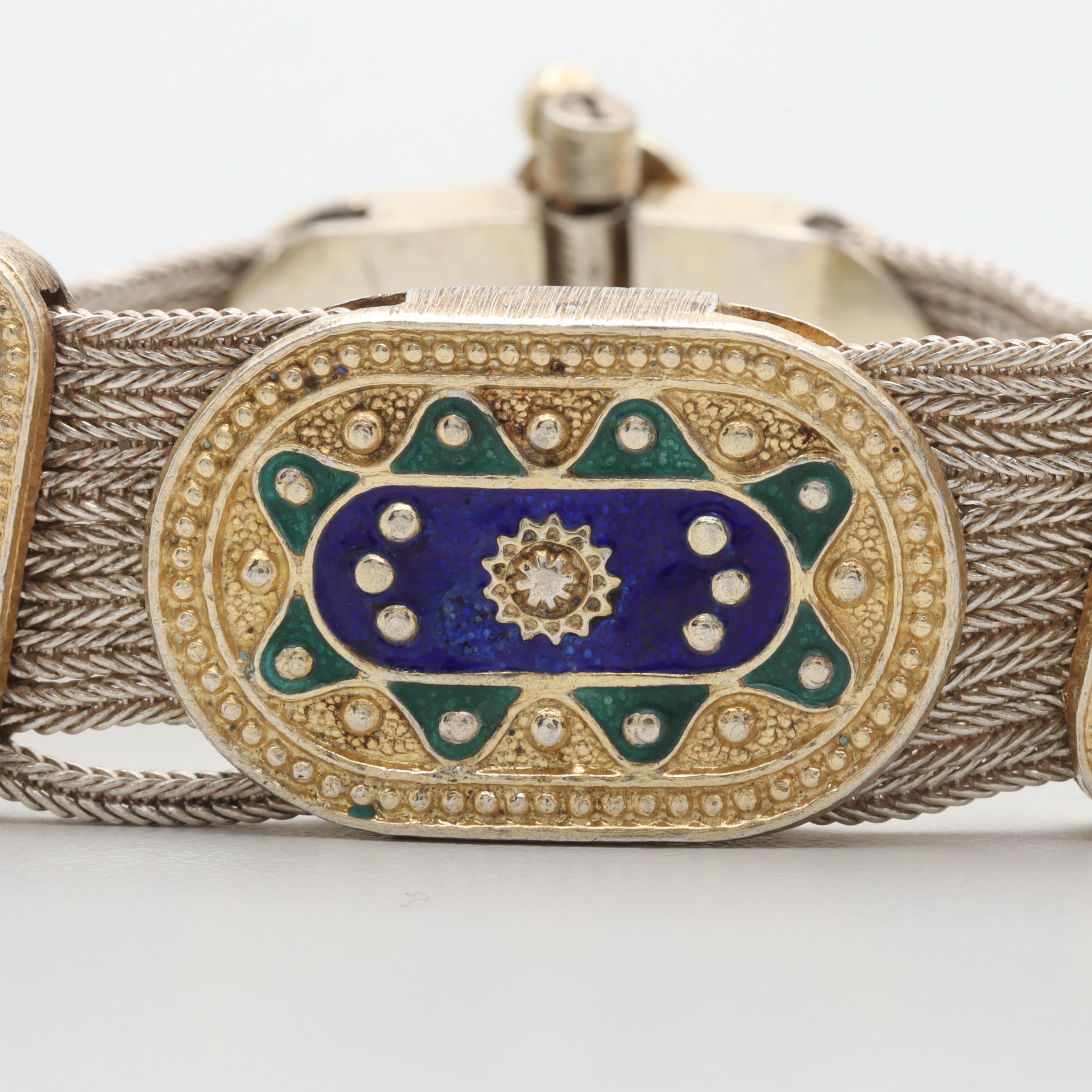 Vintage Istanbul Sterling Silver Enamel and Foxtail Chain Bracelet