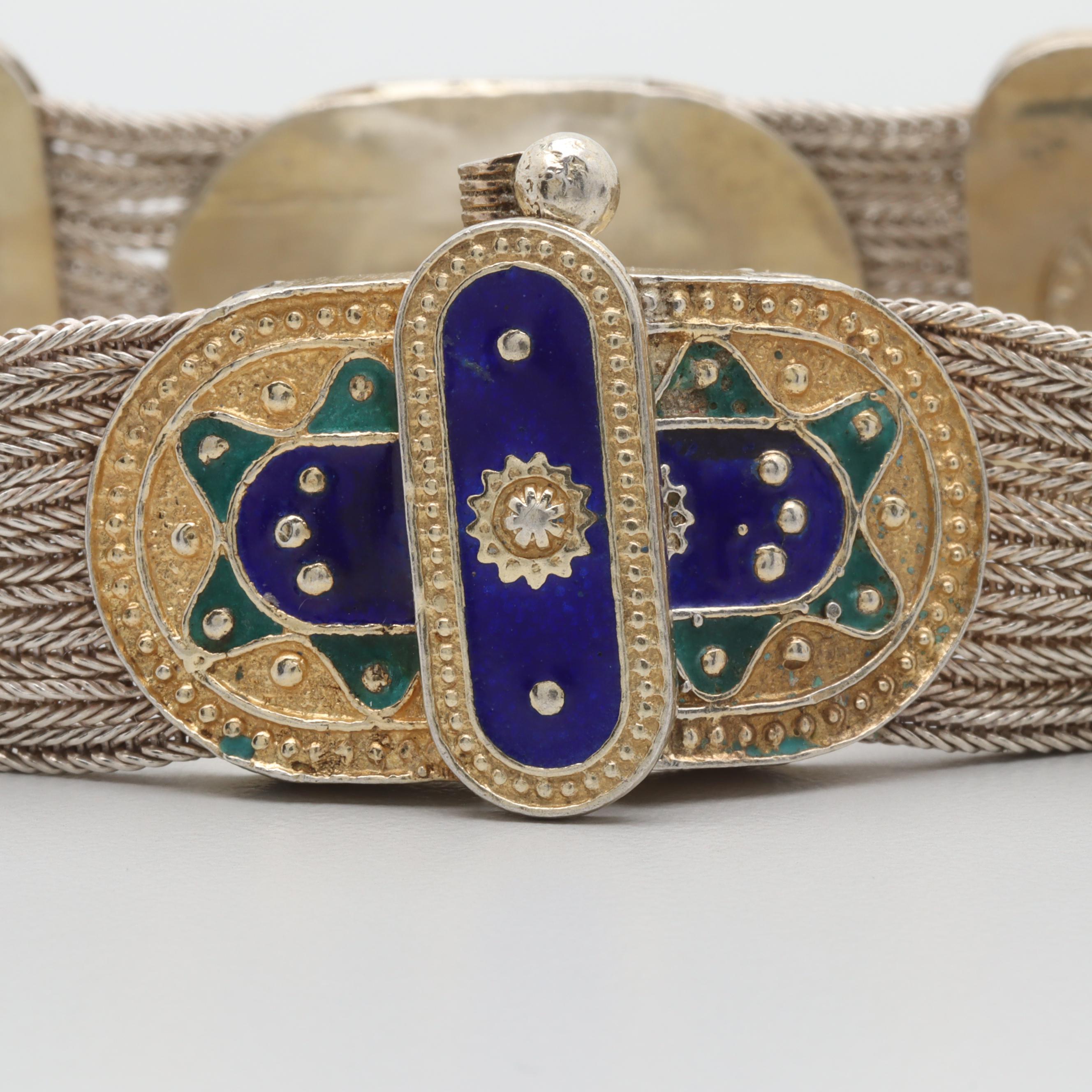 Vintage Istanbul Sterling Silver Enamel and Foxtail Chain Bracelet