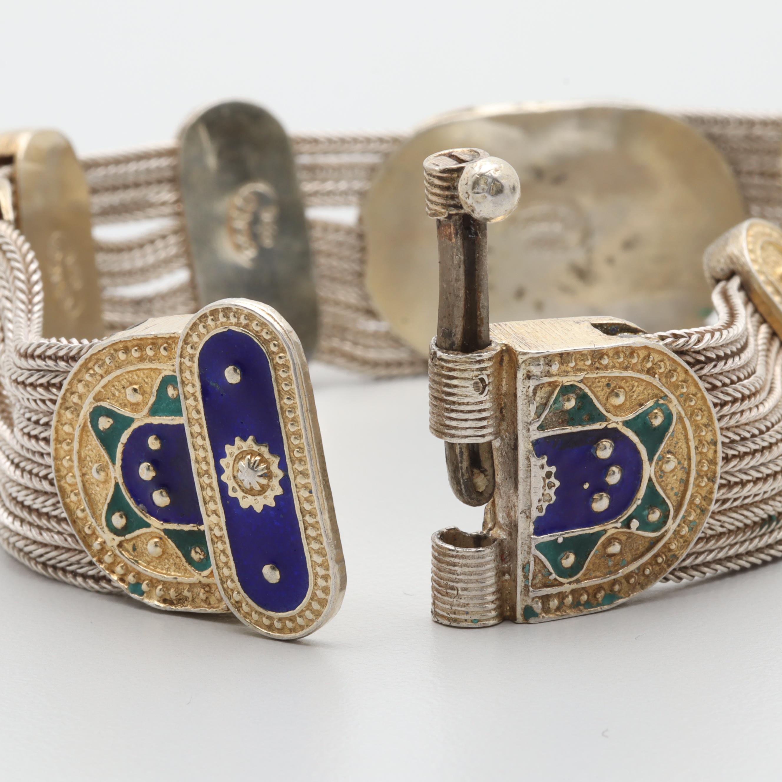 Vintage Istanbul Sterling Silver Enamel and Foxtail Chain Bracelet