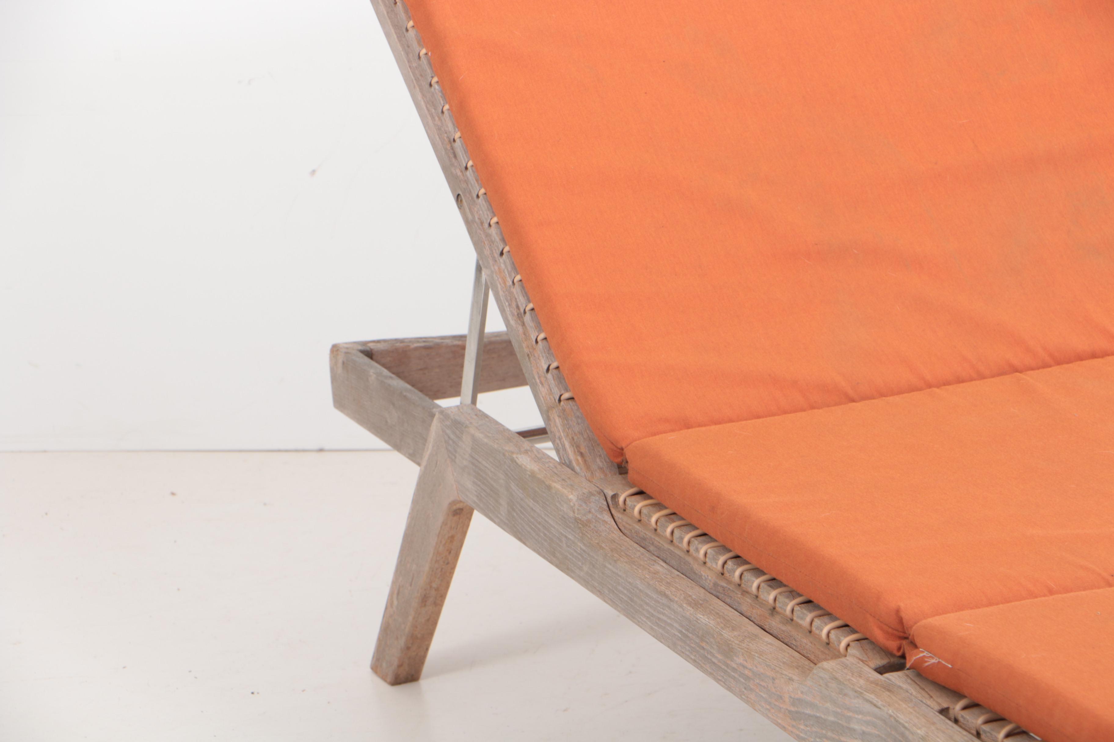 Pair of Teak Wood Chaise Lounge Chairs with Cushions