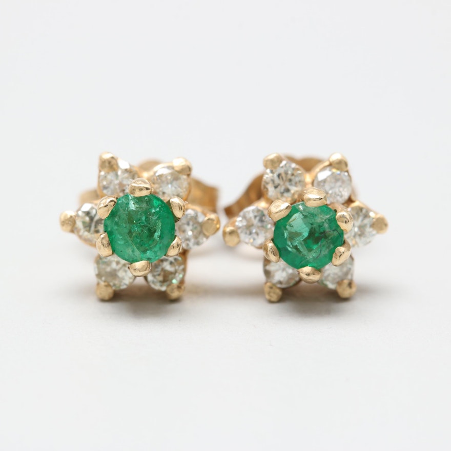 14K Yellow Gold Emerald and Diamond Earrings