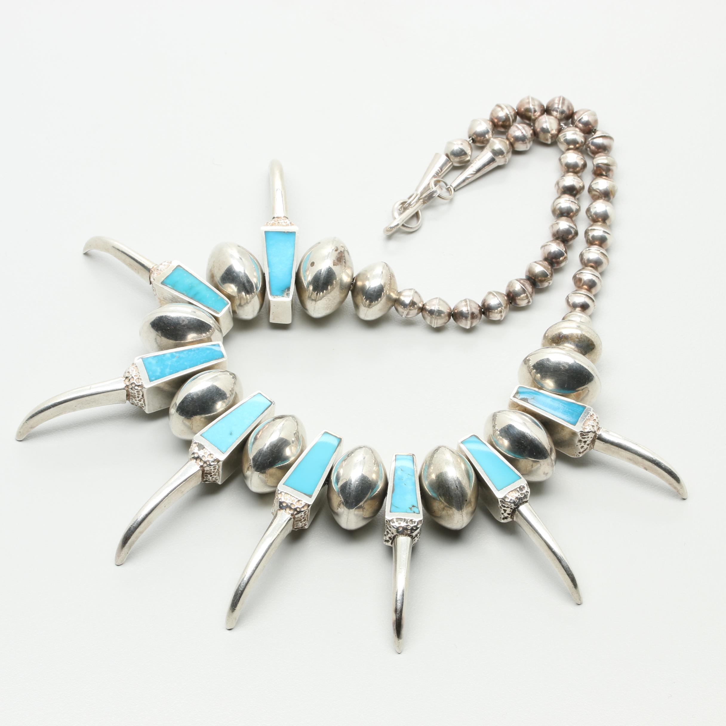 Southwestern Style Turquoise Claw and Bench Bead Necklace