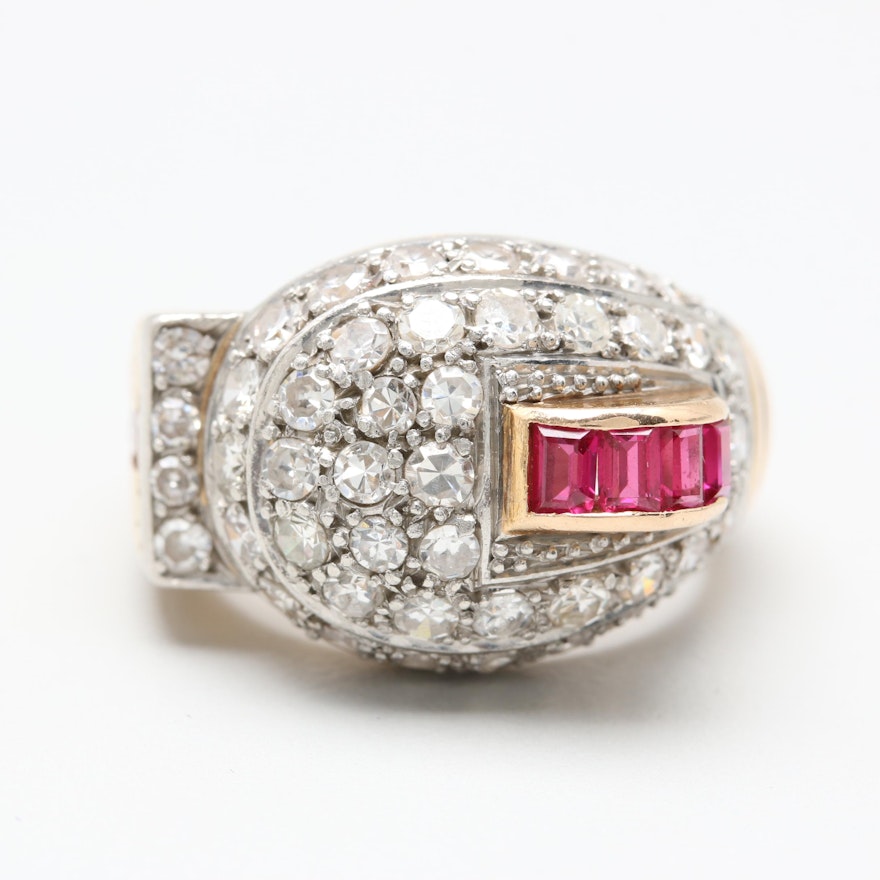 Retro 14K Rose Gold Synthetic Ruby and 1.50 CTW Diamond Ring