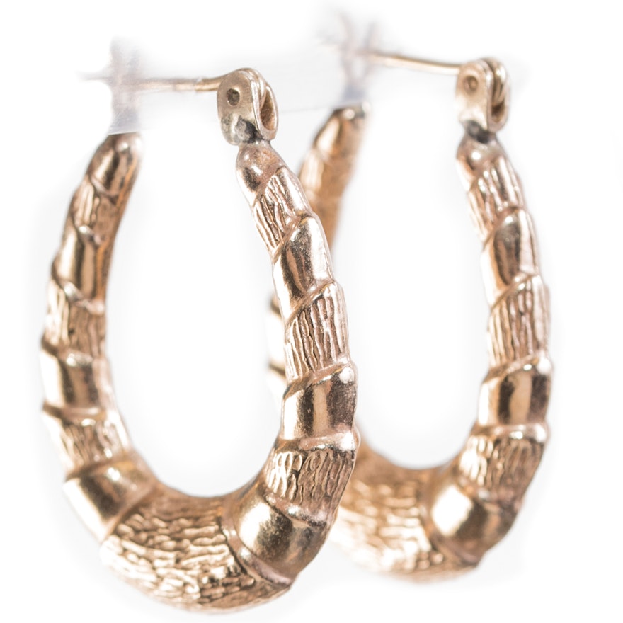 14K Yellow Gold Oval Textured Hoop Earrings