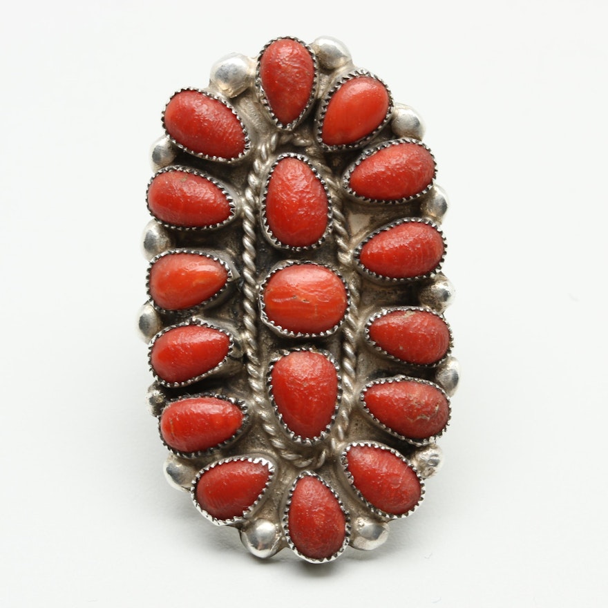 Southwestern Style Sterling Silver Coral Ring