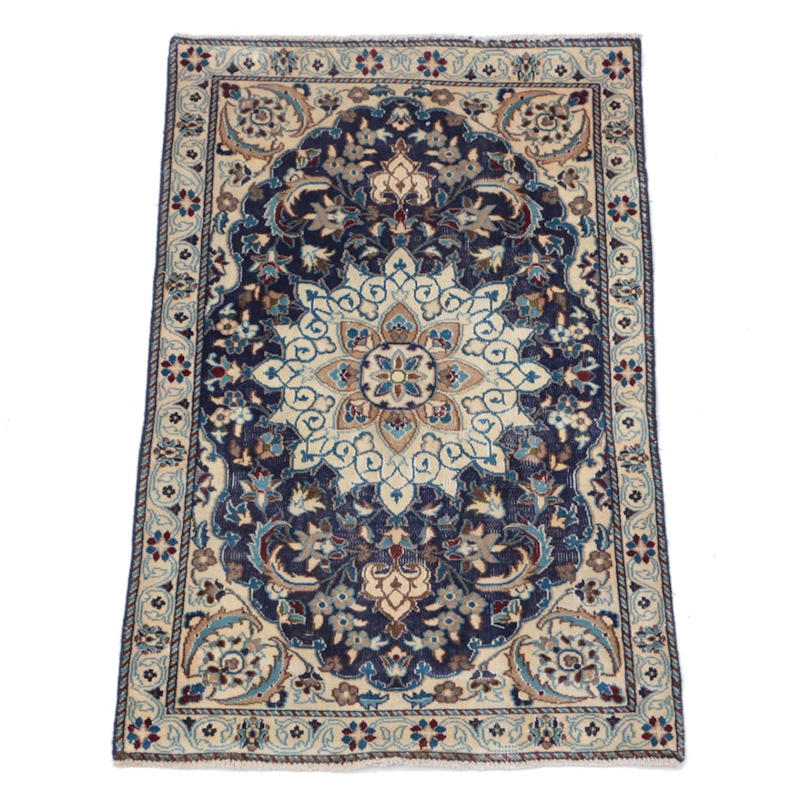 Vintage Hand-Knotted Persian Nain Silk and Wool Accent Rug