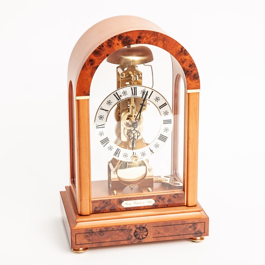 Franz Hermle Burled Wood Skeleton Mantel Clock