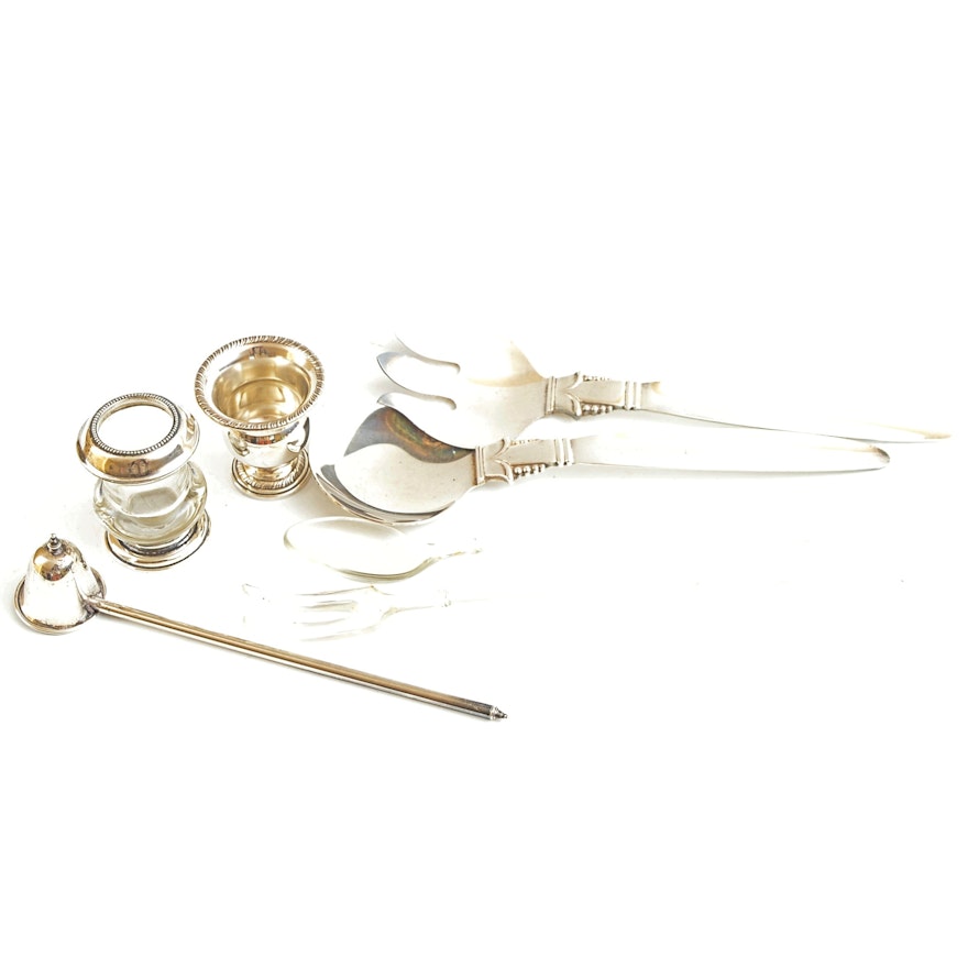 Serveware Utensils with Sterling Snuffer and Toothpick Holder
