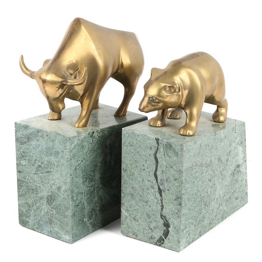 Gatco "Bull and Bear Market" Brass and Stone Bookends