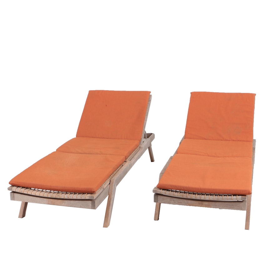 Pair of Teak Wood Chaise Lounge Chairs with Cushions