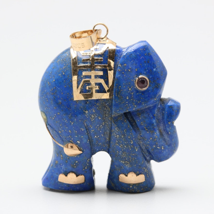 14K Yellow Gold Carved Elephant Lapis Lazuli Elephant Pendant with Ruby