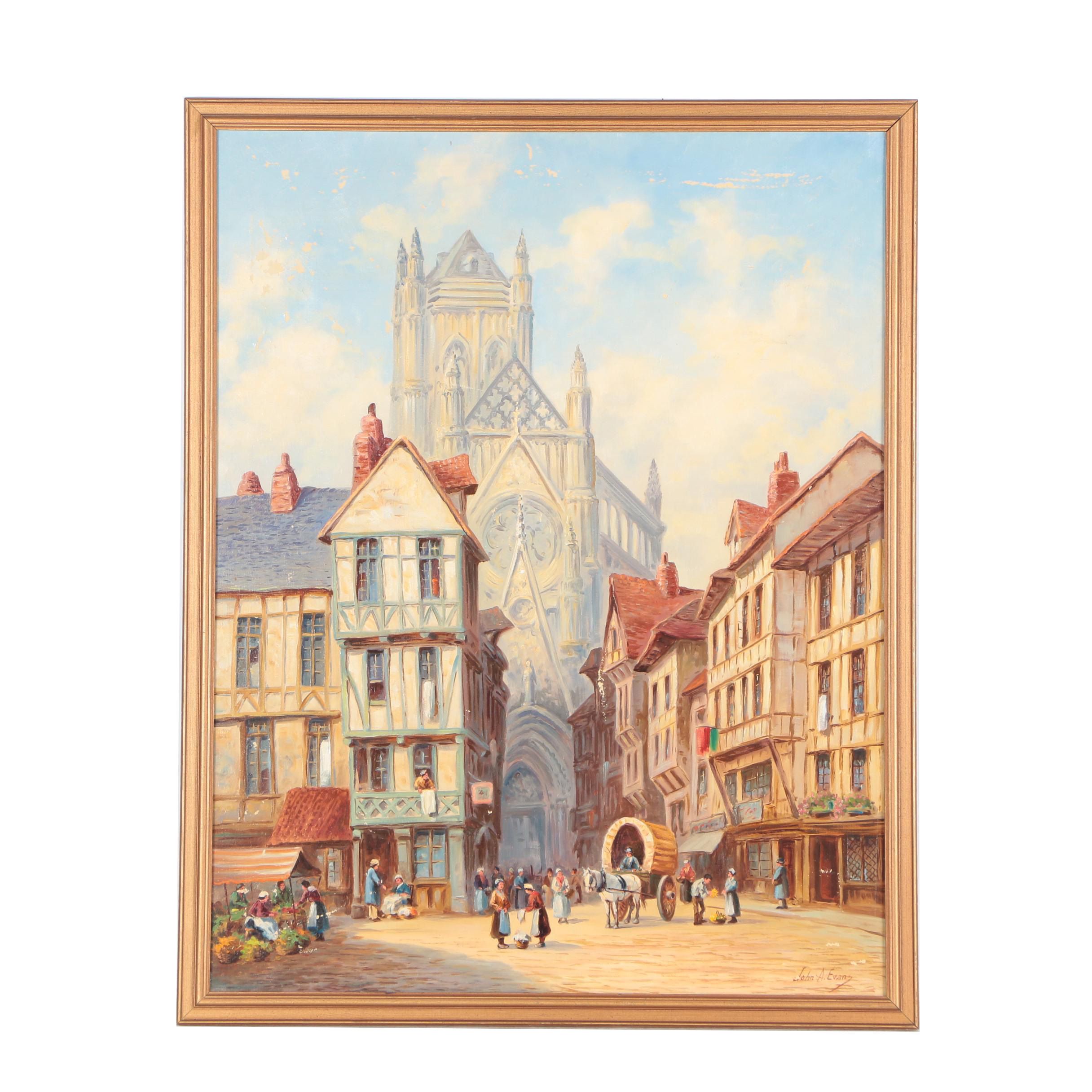 John A. Evans Oil Painting of European Street
