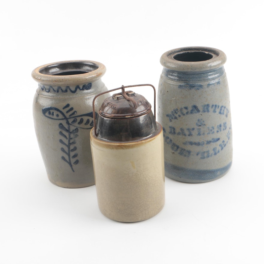 1890s Weir Canning Jar with Vintage Stoneware Crocks